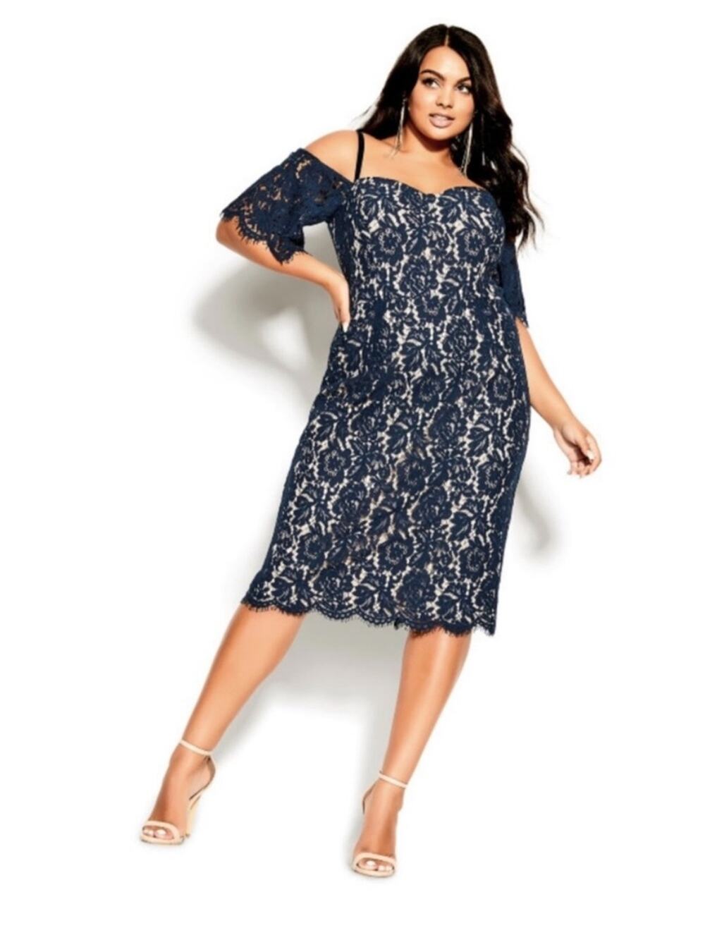 City Chic | Lace Whisper Dress Knee Length  Off Shoulder Navy Blue Plus 18